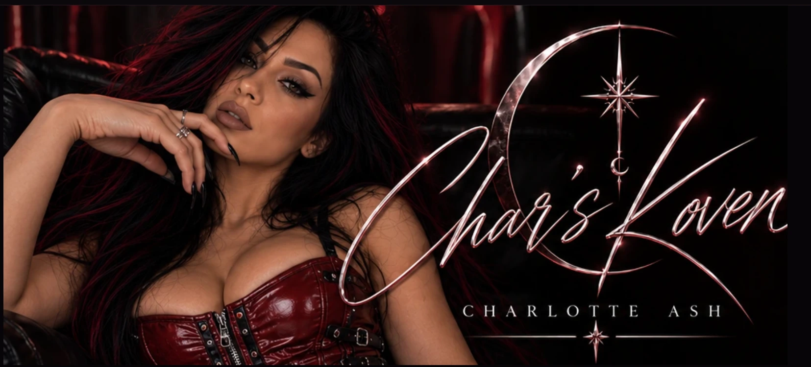 Char’s Koven original silver cursive logo banner featuring Charlotte Ash in a red corset